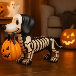 May include: A Halloween dachshund skeleton figurine carrying an orange pumpkin lantern. The dog has black ears and a white face. A carved pumpkin and a ghost decoration are in the background.