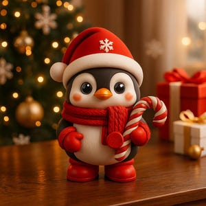 May include: A festive penguin figurine wearing a red Santa hat with a white snowflake, a red scarf, and red gloves and boots. The penguin is holding a red and white candy cane. Christmas decor.