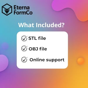 May include: A graphic with the Eterna FormCo logo and the text "What Included?" The image lists "STL file," "OBJ file," and "Online support" with checkmarks. The background transitions from purple to orange.