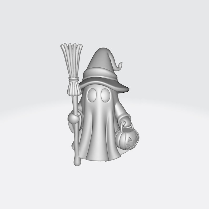May include: A 3D-rendered Halloween ghost figure, wearing a witch hat and holding a broom and a carved pumpkin. The ghost has large, oval eyes and a draped sheet-like body. The figure is in a neutral gray color.