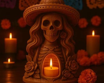 3D Printable Catrina Skull Candle Holder: Día de los Muertos Altar Decor (STL/OBJ)