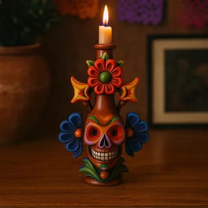 Può includere: Un portacandele a tema Giorno dei Morti. Il portacandele in ceramica marrone presenta un design a teschio sorridente con accenti floreali e geometrici colorati. Una candela accesa è posta sopra il supporto, proiettando un bagliore caldo.