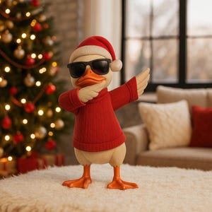 May include: A whimsical duck figurine in a red sweater, Santa hat, and sunglasses, striking a dabbing pose. The duck has orange feet and a matching beak. A Christmas tree with ornaments is in the background.