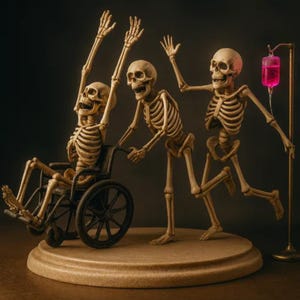 Op de afbeelding: Een grillige sculptuur toont drie skeletten. Eén zit in een rolstoel, geduwd door een ander. Het derde skelet rent. Een roze infuuszak hangt in de buurt. De figuren staan op een ronde, lichtbruine basis.