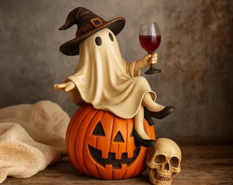 Może przedstawiać: Figurka na Halloween przedstawiająca ducha w kapeluszu czarownicy, siedzącego na pomarańczowej dyni z wyrzeźbioną twarzą. Duch trzyma kieliszek czerwonego wina. Obok znajduje się czaszka.