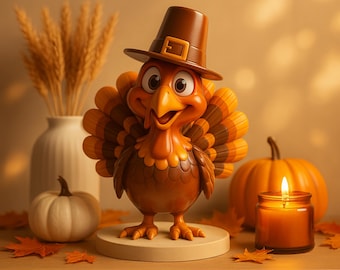 3D Turkey Figurine STL, Cute Pilgrim Thanksgiving Decor (Digital Download)