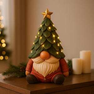May include: A festive Christmas gnome ornament. The gnome has a green, tree-shaped hat with fairy lights and a gold star. It has an orange nose, a long white beard, and a red outfit. The figurine sits on a wooden surface.