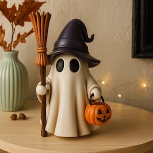 May include: A Halloween-themed figurine of a ghost wearing a purple witch hat, holding a broom and an orange jack-o'-lantern bucket. The ghost has large black eyes and a white body. The broom is brown and orange.