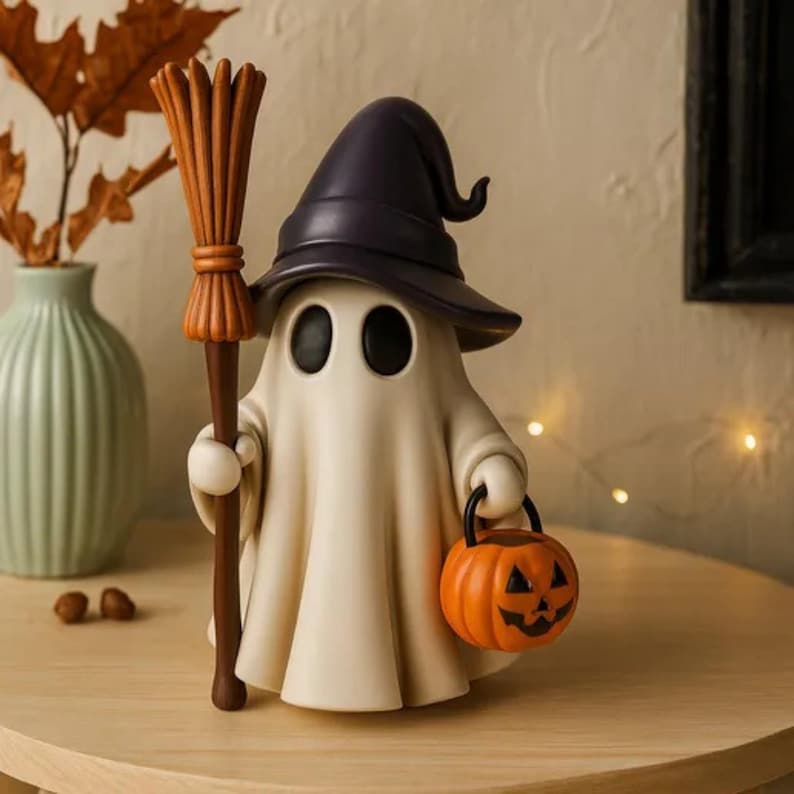 May include: A Halloween-themed figurine of a ghost wearing a purple witch hat, holding a broom and an orange jack-o'-lantern bucket. The ghost has large black eyes and a white body. The broom is brown and orange.