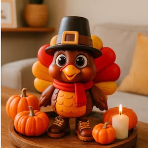 May include: A Thanksgiving-themed figurine of a cartoon turkey wearing a pilgrim hat and a red scarf. The turkey is surrounded by orange pumpkins and a lit white candle. The figurine is brown, orange, yellow, and red.
