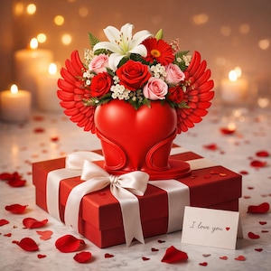 Könnte beinhalten: Eine rote herzförmige Vase mit roten Flügeln, gefüllt mit roten, rosa und weißen Blumen, steht auf einer roten Geschenkbox, die mit einem weißen Band gebunden ist. Eine Karte mit "I love you" ist vorhanden, umgeben von Rosenblättern.
