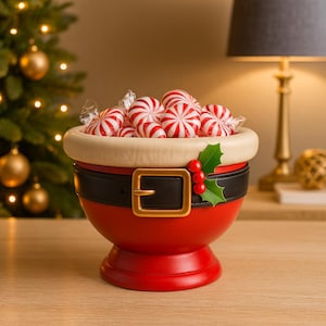 Può includere: Una bomboniera rossa a forma di pancia di Babbo Natale, con cintura nera e fibbia dorata. È piena di caramelle alla menta piperita rosse e bianche. Un rametto di agrifoglio con bacche rosse decora il lato. Decorazione natalizia festosa.