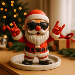 Puede incluir: Una figura festiva de Papá Noel con gafas de sol y barba blanca, vistiendo un traje rojo con cinturón negro. La figura está haciendo un gesto de rock and roll con la mano. Está sobre un plato redondo blanco.