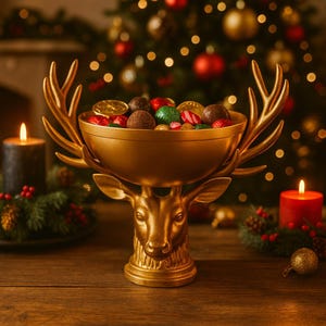 May include: A gold-coloured decorative bowl shaped like a deer head and antlers, filled with colourful sweets. The bowl sits on a wooden surface, with a Christmas tree and candles in the background. The bowl is approximately 30 cm wide.