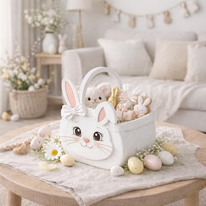 May include: A white Easter basket shaped like a bunny with a bow, filled with treats and a stuffed animal. The basket is on a table with decorative eggs and flowers, creating a festive spring scene.