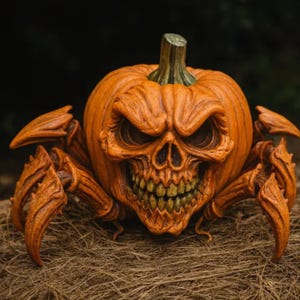 May include: A Halloween ornament depicting an orange pumpkin with a carved skull face and spider-like legs. The pumpkin has a green stem and is set against a dark backdrop. The sculpture is detailed and has a menacing appearance.