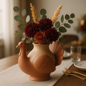 May include: A ceramic turkey-shaped vase in shades of tan and orange, filled with burgundy and orange dahlias, green eucalyptus, and wheat stalks. The vase is on a neutral-colored table runner, with gold forks and a water glass in the background.