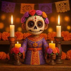 Può includere: Una statuetta del Giorno dei Morti con un volto a teschio, che indossa un vestito viola e una corona floreale. Candele accese affiancano la statuetta, e altre candele con composizioni floreali sono davanti. Lo sfondo include fiori arancioni e striscioni decorativi.