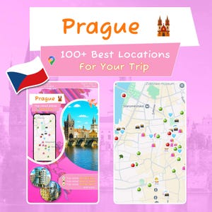 May include: A pink graphic with the word "Prague" in orange, a Czech flag, and a map of Prague with location markers. The text "100+ Best Locations For Your Trip" is also displayed.