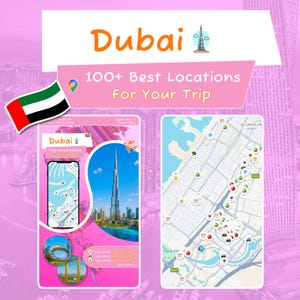 May include: A pink graphic promoting Dubai travel, with the city's skyline, a map, and the United Arab Emirates flag. Text includes "Dubai" and "100+ Best Locations For Your Trip."
