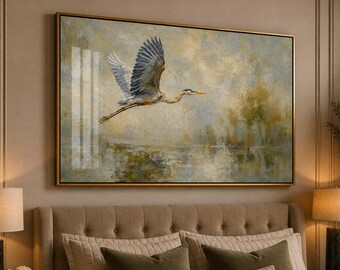 Blue Heron Wall Art – Vintage Bird Landscape, Horizontal Printable Art for Above Bed