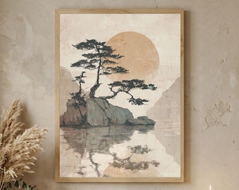 Pine Tree Wall Art – Japanese Moon Landscape, Zen Japandi Printable Art