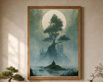 Buddha Wall Art – Turquoise Zen Meditation Scene with Moonlit Tree, Japanese Art Print