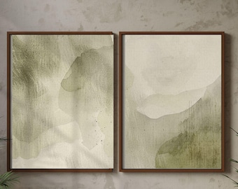Sage Green Wall Art Set of 2, Abstract Spa Prints, Wabi Sabi Japandi Printable Diptych