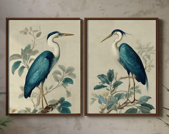 Blue Heron Wall Art Set of 2 – Botanical Bird Prints, Muted Blue Printable Diptych