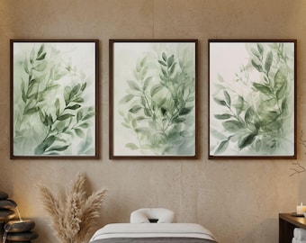 Sage Green Wall Art Set of 3, Watercolor Botanical Leaf Prints for Spa Bathroom, Minimalist Triptych