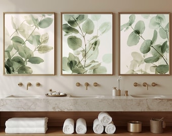 Eucalyptus Wall Art Set of 3 – Sage Green Botanical Prints for Spa Bathroom, Printable Triptych