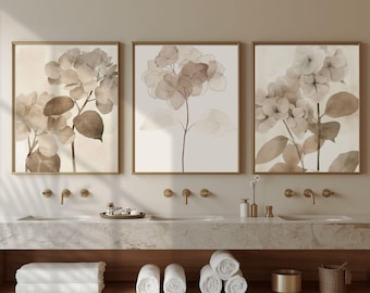 Hydrangea Wall Art Set of 3, Beige Botanical Wall Art, Watercolor Floral Triptych, Neutral Physical Prints