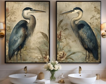Blue Heron Wall Art Set of 2 – Botanical Bird Prints, Muted Blue Printable Diptych
