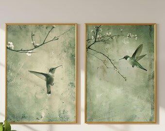 Hummingbird Wall Art Set of 2 – Sage Green Botanical Bird Prints, Japandi Diptych