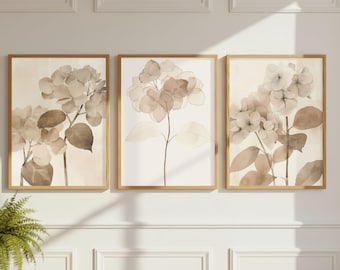 Hydrangea Wall Art Set of 3, Neutral Beige Watercolor Botanical Prints, Floral Triptych