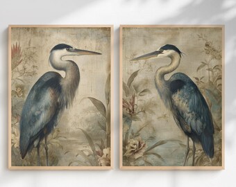 Blue Heron Wall Art Set of 2 – Botanical Bird Prints, Muted Blue Nature Diptych