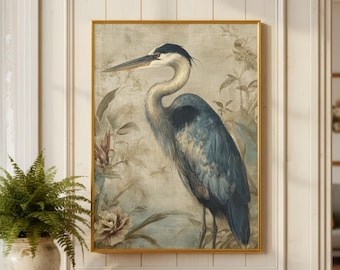 Blue Heron Wall Art – Botanical Bird Print in Soft Blue and Cream, Printable Nature Art