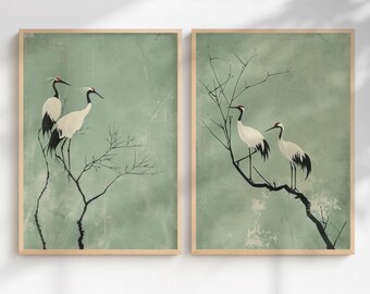 Japanese Crane Wall Art Set of 2 – Sage Green Japandi Bird Prints, Printable Diptych