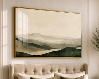 Sage Green Mountain Wall Art – Horizontal Japandi Landscape Printable for Above Bed