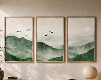 Sage Green Mountain Wall Art Set of 3 – Calm Japandi Landscape Triptych Prints