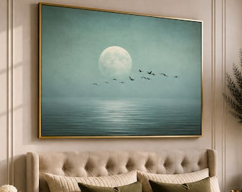 Moon Wall Art with Birds, Sage Green Seascape, Horizontal Japandi Printable Art, Wabi Sabi Above Bed Decor