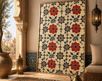 Palestinian Wall Art – Floral Ceramic Tile Pattern, Islamic Wall Art Printable in Red and Blue