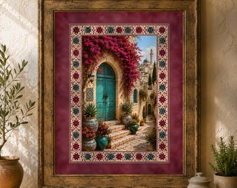 Palestinian Tatreez Doorway Art, Ornate Turquoise Arch Print, Heritage Middle Eastern Decor