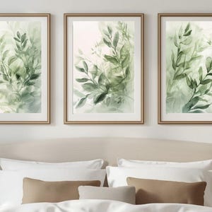 Zestaw 3 tryptyków ściennych z motywem botanicznym i zielonymi liśćmi eukaliptusa w odcieniach szałwii (20x30)