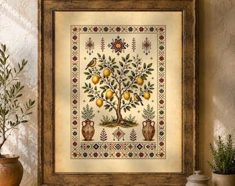 Palestinian Lemon Tree Art, Tatreez Embroidery Print, Middle Eastern Folk Decor (Digital Download)