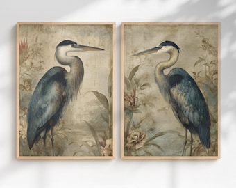 Blue Heron Wall Art Set of 2 – Botanical Bird Prints, Muted Blue Printable Diptych