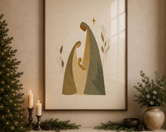 Japandi Nativity Christmas Wall Art, Minimalist Scandinavian Sage Green Print (Digital Download)