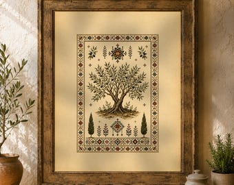 Palestinian Olive Tree Tatreez Print, Embroidery Inspired Wall Decor (Digital Download)