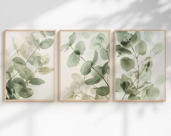 Eucalyptus Wall Art Set of 3 – Sage Green Botanical Prints for Spa Bathroom, Printable Triptych