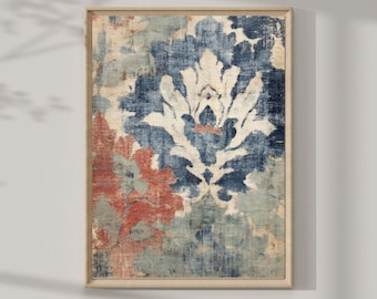 Islamic Wall Art Print, Persian Floral Textile Art in Vintage Blue and Terracotta